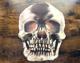 1970s-1980s Halloween skull classroom die-cut decoration, paperboard, made in USA, 16" by 12"