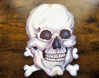 1970s-1980s Halloween skull crossbones classroom die-cut decoration, paperboard, made in USA, 10" by 15"