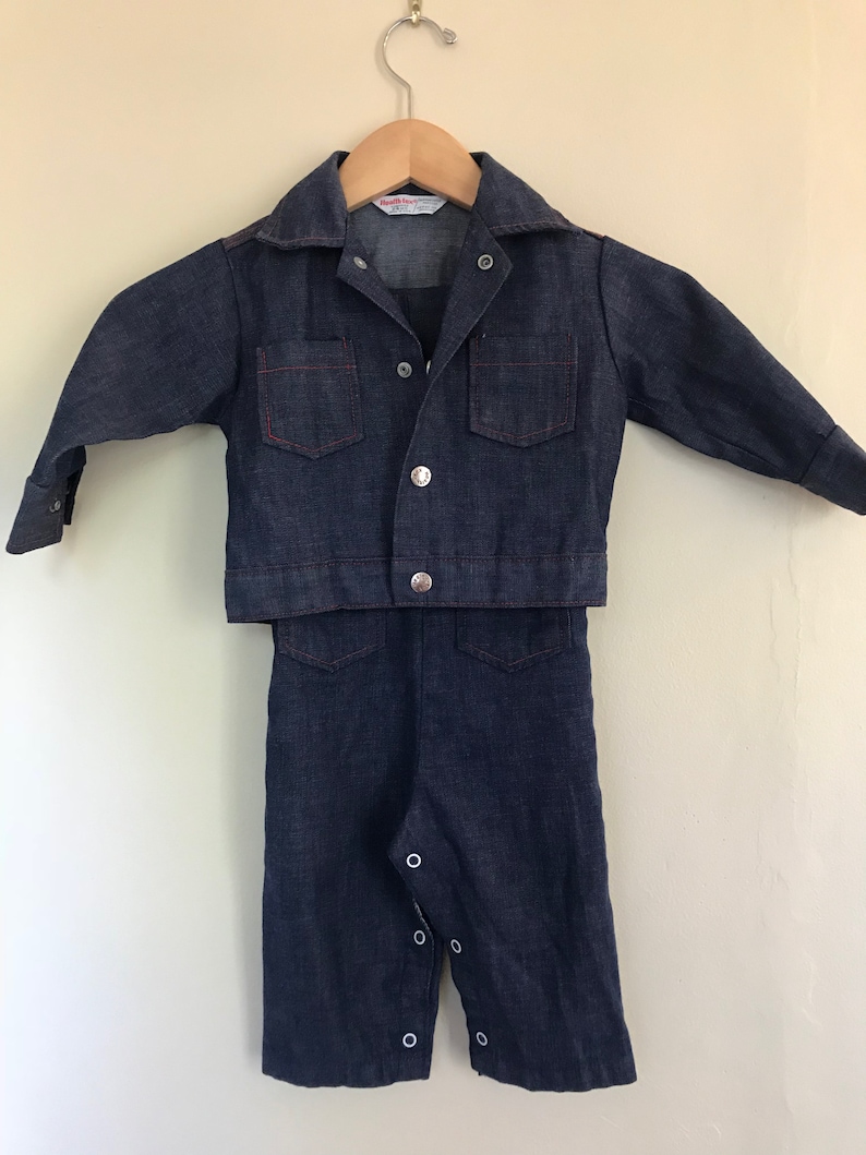 Stantogs 24 months Vtg 1970s Healthtex overalls and denim jacket matching set snaps denim with red stitching