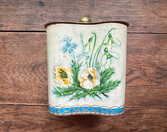 1950s-1960s cloverleaf tin, flower floral decor, knobbed top