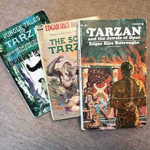 Three Edgar Rice Burroughs Tarzan paperbacks; sci-fi classics; 1960s printings; Jungle Tales of Tarzan, Son of Tarzan, Tarzan/Jewels of Opar