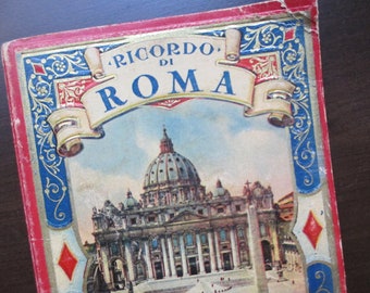 Ricordo di Roma guide, 1940s-1950s postcard-size photo book, accordion, travel guide honeymoon getaway activity idea, tour