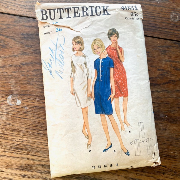 Butterick 4031, size 16 bust 36, one-piece dress, semi-fitted straight dress, 1960s vintage sewing pattern