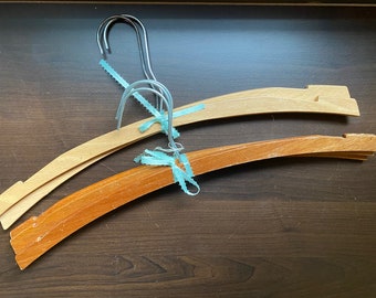 Set of 5 vintage wooden clothes hangers, light and dark wood, Polish, midcentury, 1950s-1960s