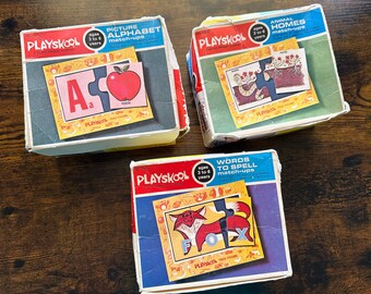 1972 Playskool match-up games, Pre-K ages 3-6, early education spelling, sounds, logic, matching, retro mod graphics