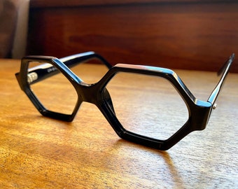 Vtg midcentury 1950s-1960s black hexagon plastic eyeglass frames, CR Disco France, 48/18