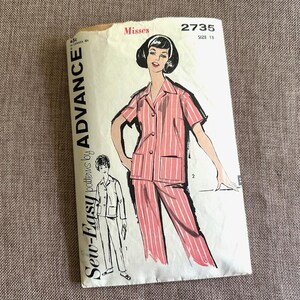 May include: Sew-Easy patterns by Advance pattern 2735 for misses size 13. The pattern shows a pink and white striped pajama set with a short-sleeved top and pants.