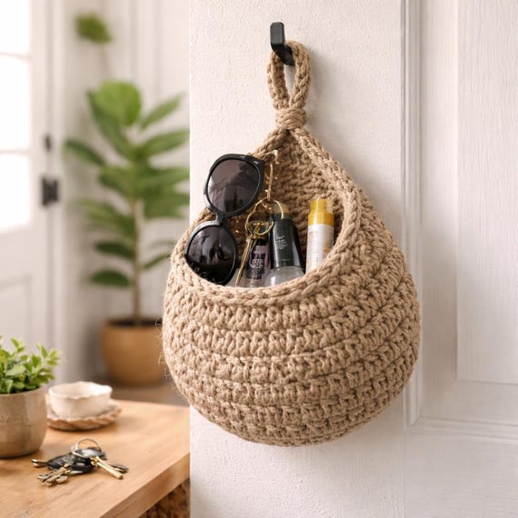Handmade Crochet Hanging Storage Basket | Wall Organizer for Bathroom, Bedroom & Entryway | Small Space Storage Decor