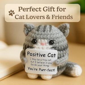 Handmade Crochet “Positive Cat” Plush – Cute Motivational Gift for Cat Lovers | Cozy Desk Decor & Uplifting Friendship Present