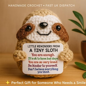 Tiny Sloth Positive Affirmation Plush • Mental Health Gift • Cute Desk Decor • Pocket Reminder Plushie • Handmade Crochet Sloth Toy