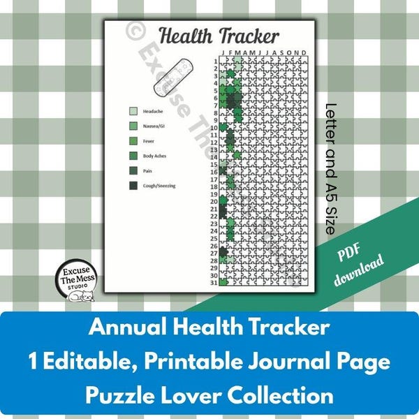 Puzzle Lover Annual Health Tracker – Letter and A5 Editable and Printable Journal Planner Insert