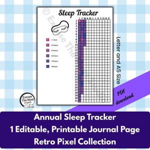 Retro Pixel Annual Sleep Tracker – Letter and A5 Editable and Printable Journal Planner Insert