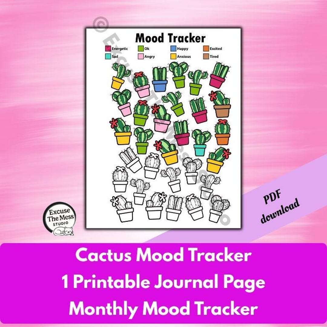 Cactus Monthly Mood Tracker Coloring Page – Letter and A5 Editable and ...