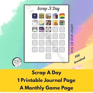 May include: A printable Scrap A Day journal page featuring a grid of squares for daily entries. The top row includes colorful icons and text, with the title Scrap A Day at the top. The document is labeled as Letter and A5 size PDF download.