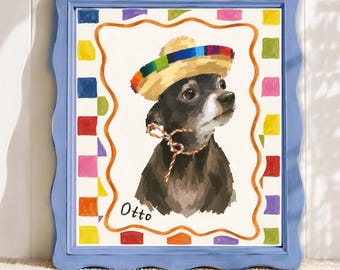 Lustiges Chihuahua-Porträt nach Wunsch, personalisiertes mexikanisches Hundebild nach Foto, farbenfrohes Haustierporträt im Volkskunststil, Geschenk für Hundebesitzer, Fiesta-Hundedekoration
