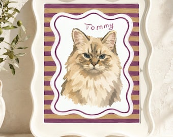 Individuelles Katzenportrait, wunderliche Retro Haustierkunst, personalisiertes Katzenportrait, Haustier-Denkmalgeschenk für Katzenbesitzer, Haustierverlust