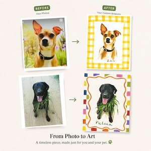 May include: A comparison graphic showing two original dog photographs on the left and their corresponding custom watercolor-style portraits on the right. The top portrait features a brown dog named Zac, and the bottom portrait features a black dog named Vulcan.