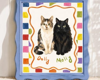 Retrato de dos gatitos a partir de una foto, pintura de gatos colorida de estilo folclórico, regalo artístico personalizado de 2 gatos