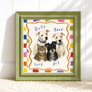 Custom Multi Pet Portrait from Photo, Family Pet Memorial, Personalized Dog and Cat Painting, Custom 4 Pet Illustration Gift