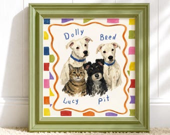 Individuelles Mehrfachporträt von Haustieren nach Foto, Familienerinnerung an Haustiere, personalisiertes Hunde- und Katzenbild, individuelle Illustration für 4 Haustiere als Geschenk