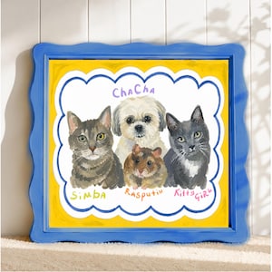 May include: A square painting in a blue scalloped frame featuring a portrait of four pets: a tabby cat named Simba, a small dog named ChaCha, a hamster named Rasputin, and a grey cat named Kitty Girl, all set against a bright yellow background.