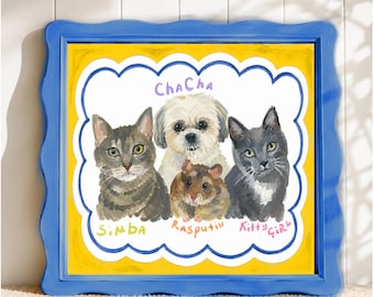 Individuelles, verspieltes Familienporträt mit Haustieren, personalisierte Illustration von 4 Tieren, Zeichnung von Hund und Katze im Retro-Stil, einzigartiges Geschenk für Tierliebhaber