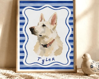 Porträt eines weißen Schäferhundes nach Foto, Hundebild im Bilderbuchstil, personalisiertes Wandbild mit Welpenmotiv