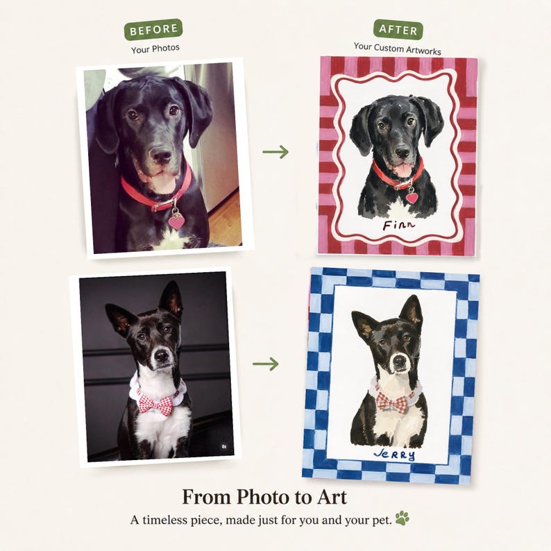 May include: A comparison graphic showing two pet photographs on the left and two corresponding custom watercolor-style portraits on the right. The top portrait features a black dog named Finn, and the bottom portrait features a black and white dog named Jerry.