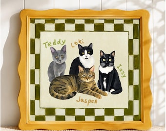 Individuelles Katzenporträt, Gemälde mehrerer Haustiere, personalisiertes Geschenk für Katzenmütter, Musterhintergrund, individuelle Kätzchenillustration, modernes Gedenken an verstorbene Haustiere