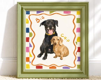 Custom Two Dogs Portrait, Personalized Folk Style Pet Art, Quirky Retro Dog Painting from Photo, Whimsical Pet Painting Memorial Gift