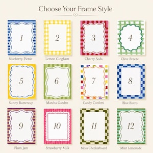 May include: A grid of twelve rectangular frame styles labeled 1 through 12 with names like Blueberry Picnic, Lemon Gingham, Cherry Soda, Olive Breeze, Sunny Buttercup, Matcha Garden, Candy Confetti, Blue Bistro, Plum Jam, Strawberry Milk, Moss Checkerboard, and Mint Lemonade.