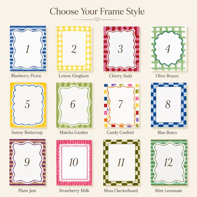 May include: A grid of twelve rectangular frame styles labeled 1 through 12 with names like Blueberry Picnic, Lemon Gingham, Cherry Soda, Olive Breeze, Sunny Buttercup, Matcha Garden, Candy Confetti, Blue Bistro, Plum Jam, Strawberry Milk, Moss Checkerboard, and Mint Lemonade.