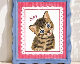 Custom Whimsical Cat Portrait, Personalized Retro Kitty Art, Quirky Folk Style Kitten Painting from Photo, Colorful Pet Lover Gift