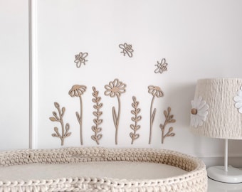 Wooden Wildflowers Wall Decor Set with Bees Daisy Baby Wall Art Kids Daisies Wall Decor Boho Nursery Decor Eco Friendly Nursery Decoration
