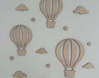Hot Air Balloon Wall Decor Set, Nursery Decoration, Wooden Balloons with Clouds and Stars, Kids Wall Art, Baby Boy Room Decor, Baby Boy Gift