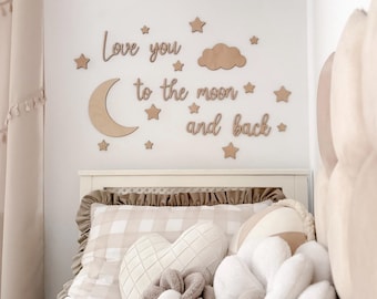 Love You To The Moon And Back Wall Sign Stars and Moon Kids Wall Decor Nursery Decoration Boho Nursery Wall Script Art Baby Boy or Girl Gift