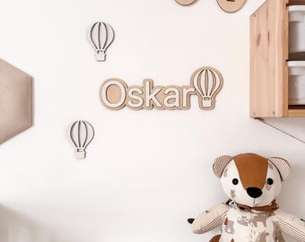 Letrero de madera con el nombre del bebé y globos, decoración de pared con globos aerostáticos, decoración para guardería, arte de pared infantil, decoración para habitación de bebé niño, regalo para bebé niño