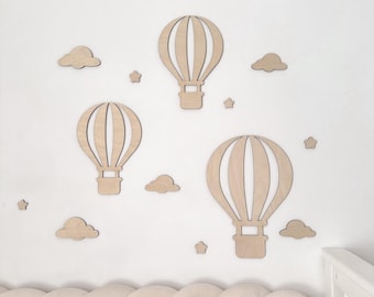Decoración de pared con globos aerostáticos, decoración infantil, globos de madera con nubes y estrellas, arte mural infantil, decoración de habitación de bebé, regalo para bebé.