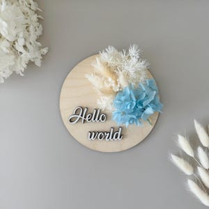 Födelsemeddelandeplakett med blommor Hej världen Födelsemeddelande Milstolpekort Nyfödd fotorekvisita Babyshower-present Presenter till nyblivna mamma