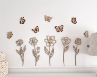 Ensemble de décorations murales en bois de fleurs sauvages et de papillons, art mural pour bébé, décoration murale de fleurs pour enfants, décoration bohème pour chambre d'enfant, décoration écologique pour chambre d'enfant