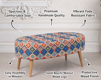 Upholstered Ottoman Bench, Colorful Footstool, Wooden Leg Ottoman, Boho Seating Bench, Entryway Bench