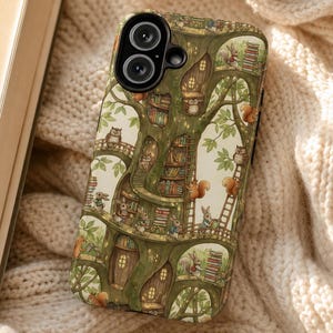 Whimsical Treehouse Library Phone Case | Bookish Squirrel Rabbit Owl Pattern