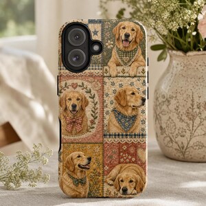 Golden Retriever Handyhülle | Cottagecore Hundeliebhaber Geschenk | Vintage Patchwork Blumen Welpen Fall | Gesteppter ästhetischer Haustier-Liebhaber-Bezug