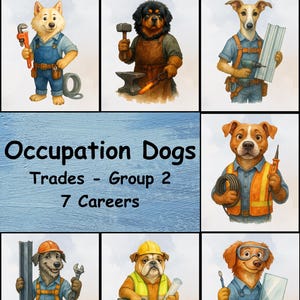 Puede incluir: Ilustración en acuarela titulada "Occupation Dogs Trades - Group 2" con siete perros en diversas profesiones. Los perros se representan como fontanero, herrero, carpintero, electricista, trabajador de la construcción y vidriero.