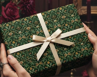 Gothic Emerald Floral Wrapping Paper, Elegant Victorian Botanical Gift Wrap