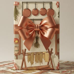 May include: A gift box wrapped in paper with a kitchen scene illustration, tied with a large copper-colored satin bow. The paper features copper pots, pasta drying racks, and shelves with food items. The bow is centered on the front.