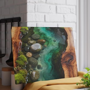 River Rock Art Glass Cutting Board | Emerald Green River Kitchen Decor | Rustic Nature Charcuterie Board Gift image 8