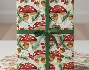 Woodland Christmas Mushroom Wrapping Paper – Watercolor Winter Forest Gift Wrap