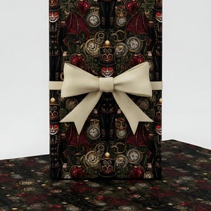 May include: A wrapped gift box with a steampunk design, featuring clocks, gears, and a figure in a top hat. The box is tied with a cream-coloured bow. The wrapping paper has a dark background with red and gold accents.