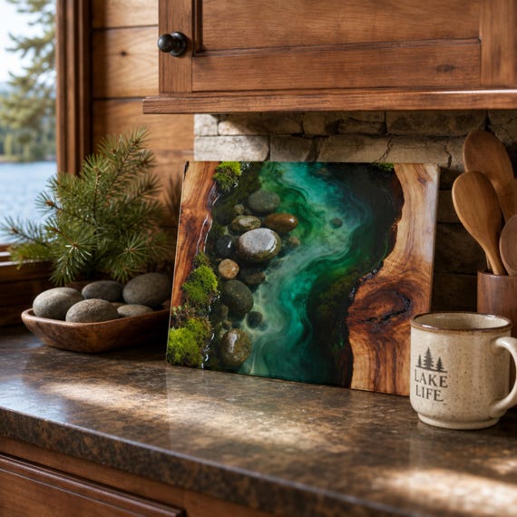 River Rock Art Glass Cutting Board | Emerald Green River Kitchen Decor | Rustic Nature Charcuterie Board Gift